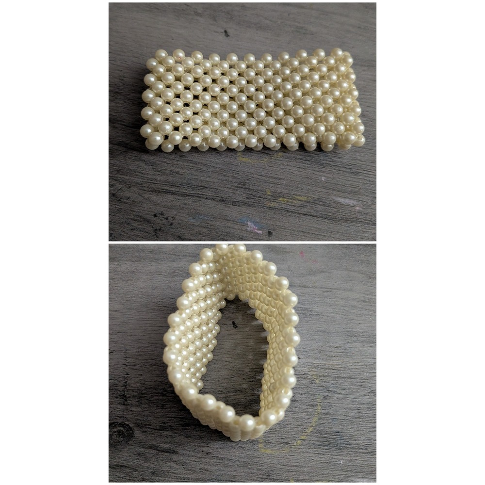 Cream Faux Pearl Stretch Cuff Bracelet Wide Beaded Multi Row Bridal Jewelry